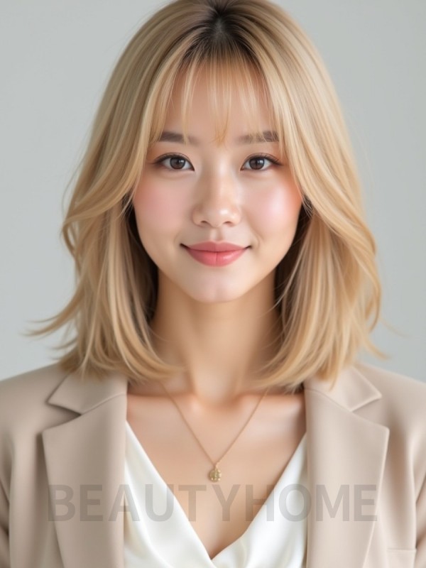 골든 블론드 귀밑 스트레이트 단발+사이드뱅