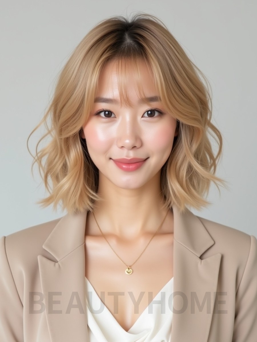 골든 블론드 귀밑 텍스처 단발+사이드뱅