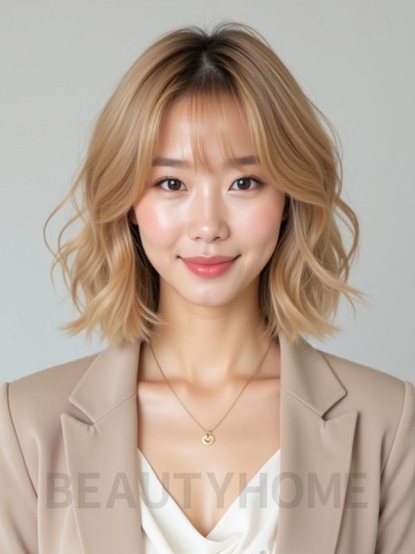 골든 블론드 귀밑 텍스처 단발+사이드뱅
