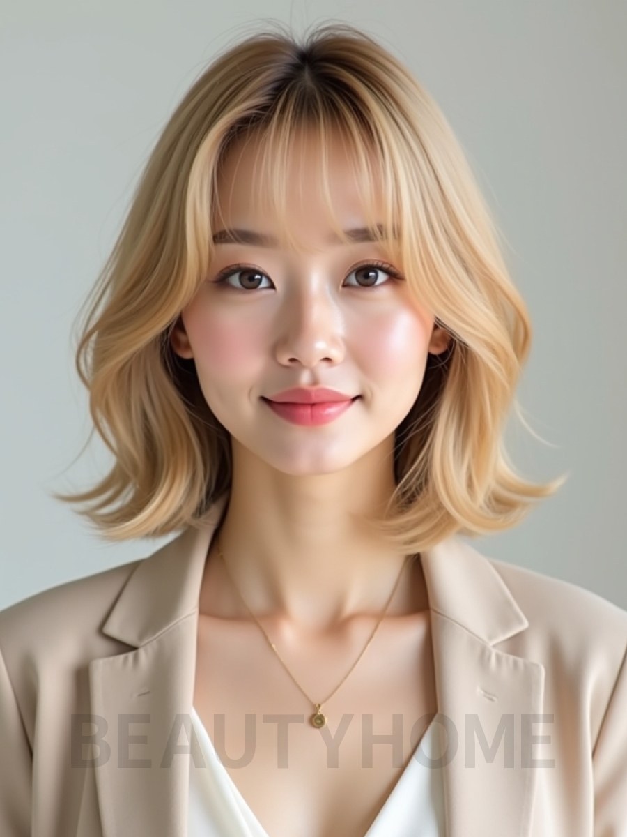 골든 블론드 턱선 비대칭 단발+커튼뱅