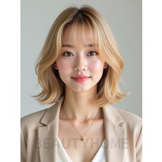 골든 블론드 턱선 비대칭 단발+커튼뱅