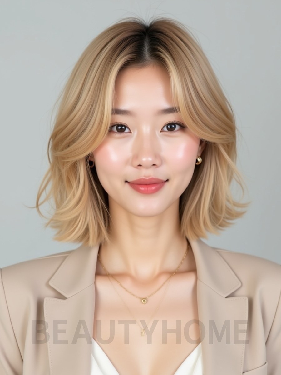 골든 블론드 귀밑 레이어드 단발
