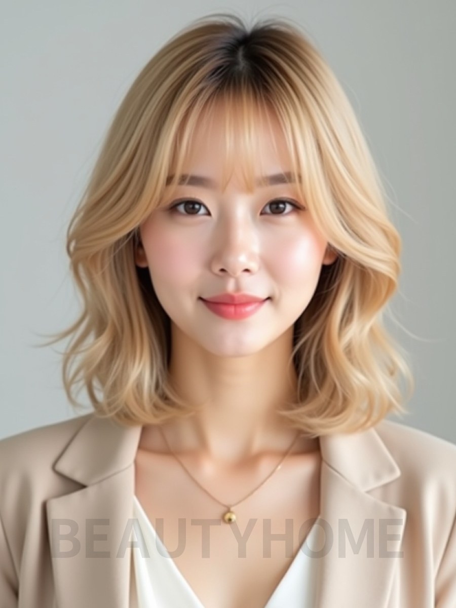 골든 블론드 턱선 그라데이션 단발+시스루뱅