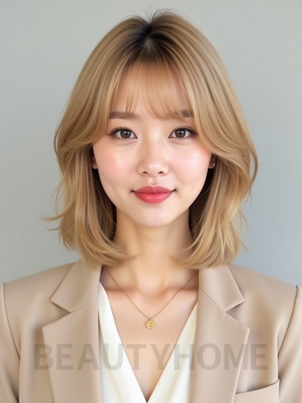 골든 블론드 턱선 레이어드 단발+풀뱅