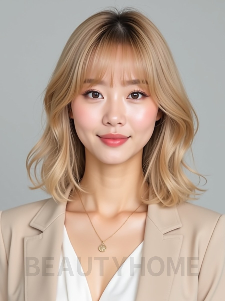 골든 블론드 턱선 스택 단발+커튼뱅