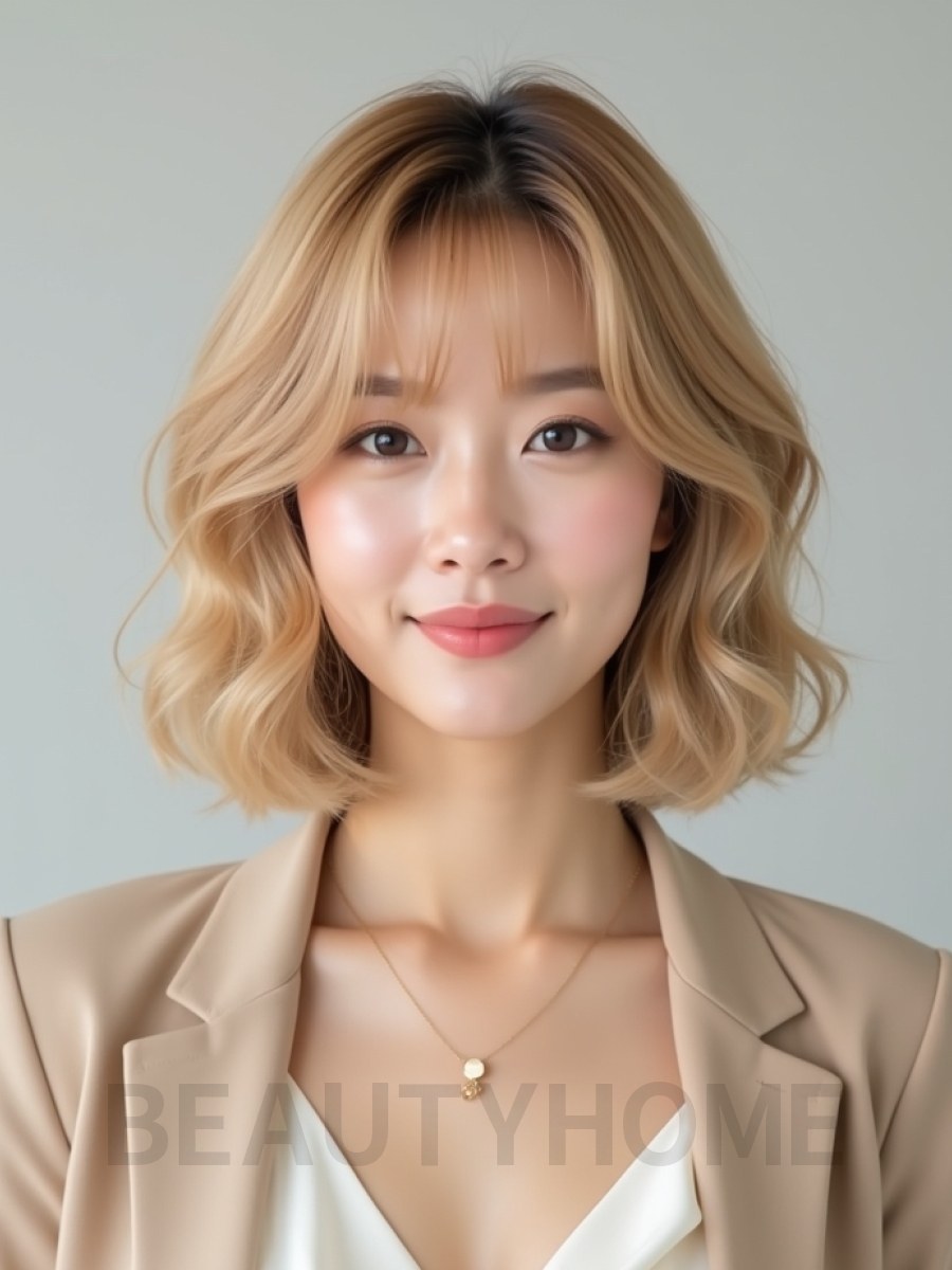 골든 블론드 턱선 웨이브 단발+시스루뱅