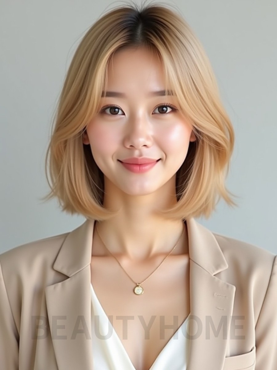 골든 블론드 턱밑 스트레이트 단발+사이드뱅