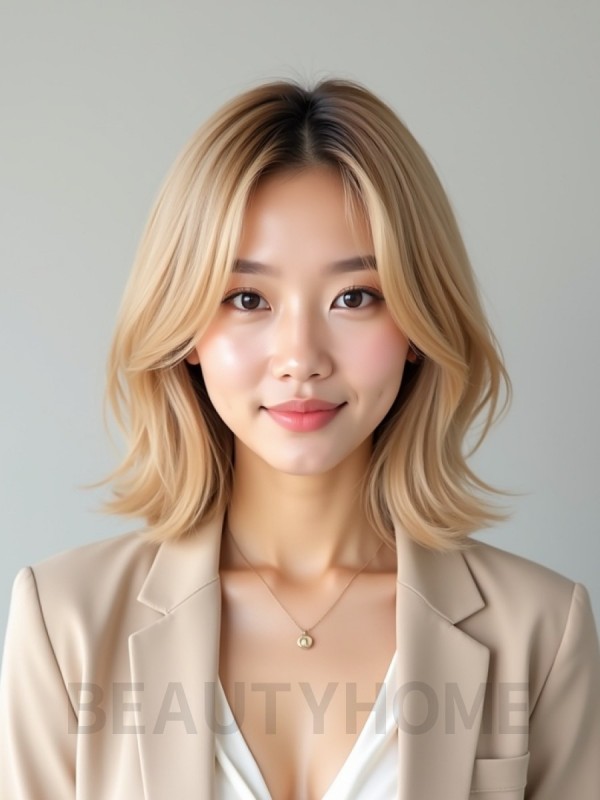 골든 블론드 턱선 비대칭 단발+시스루뱅