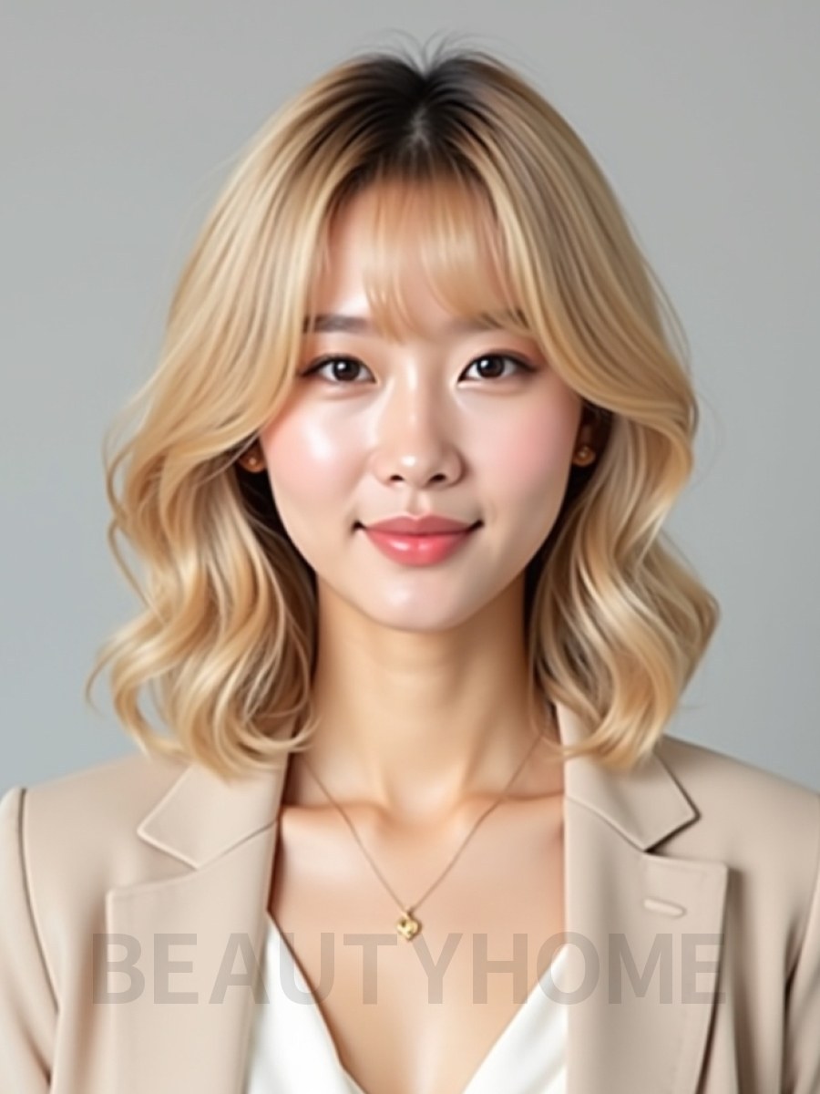 골든 블론드 귀밑 웨이브 단발+뱅