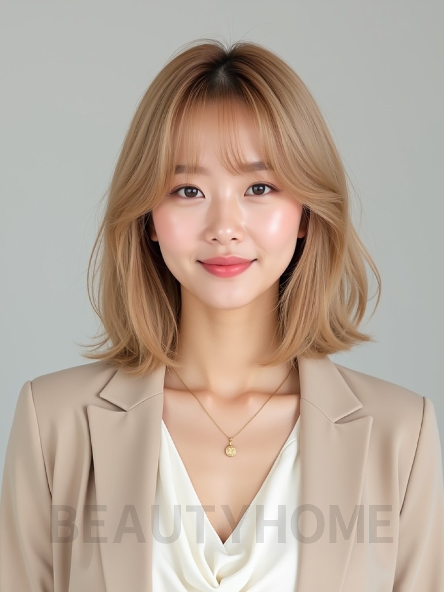 골든 블론드 턱선 텍스처 단발+풀뱅