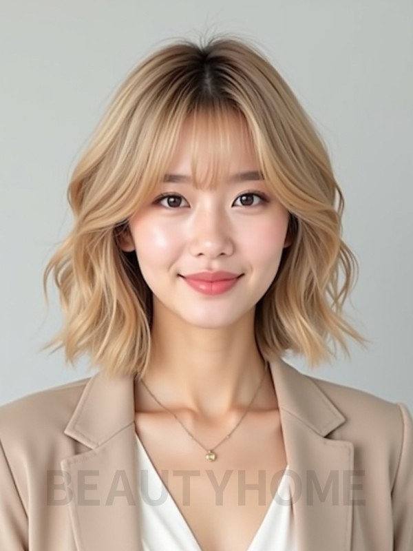 골든 블론드 귀밑 인버티드 단발+시스루뱅