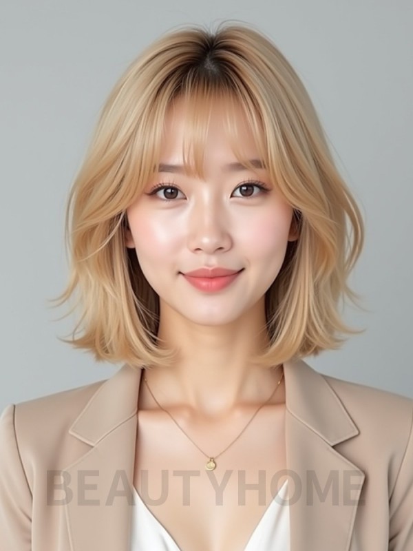 골든 블론드 턱선 인버티드 단발+커튼뱅