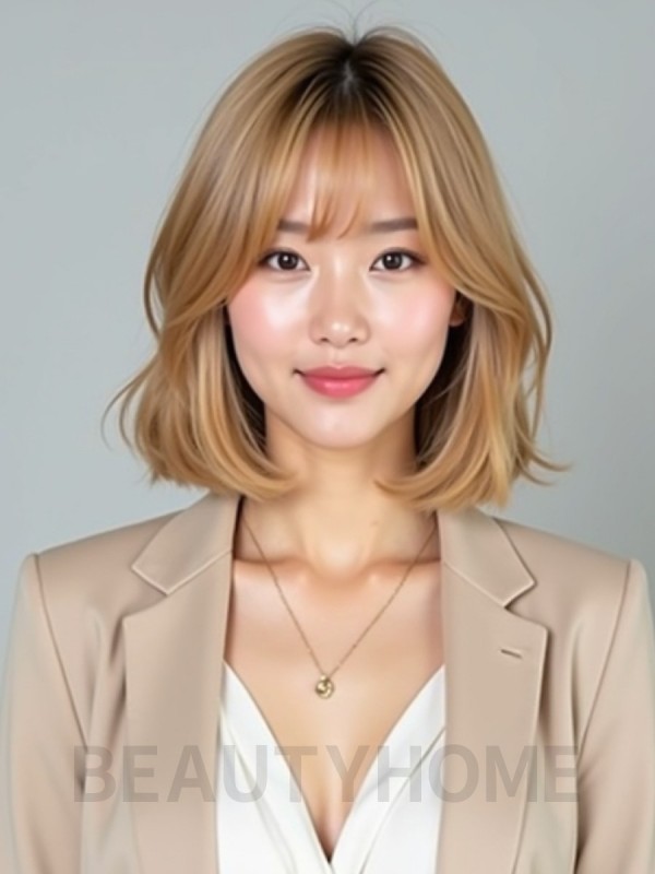 골든 블론드 귀밑 블런트 단발+사이드뱅
