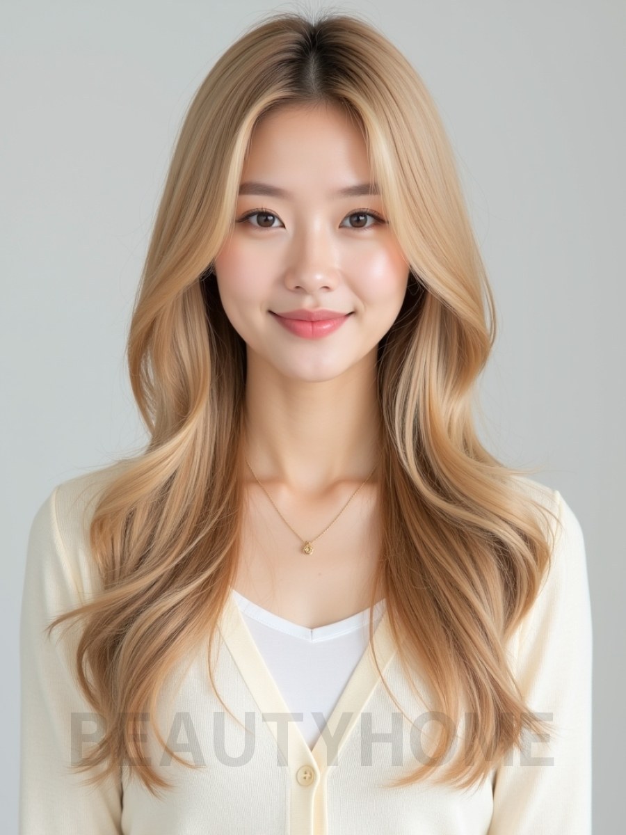 골든 블론드 긴 웨이브+사이드뱅