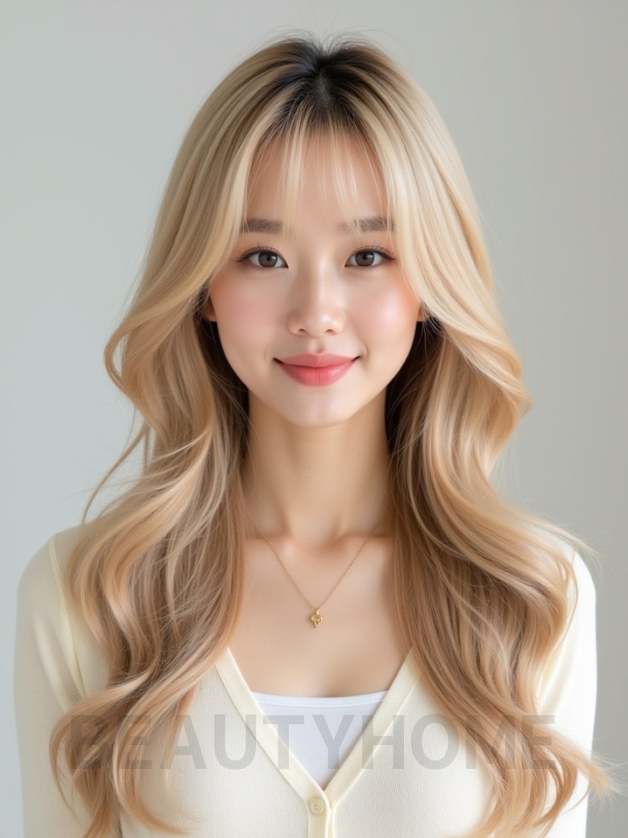 골든 블론드 긴 웨이브+시스루뱅
