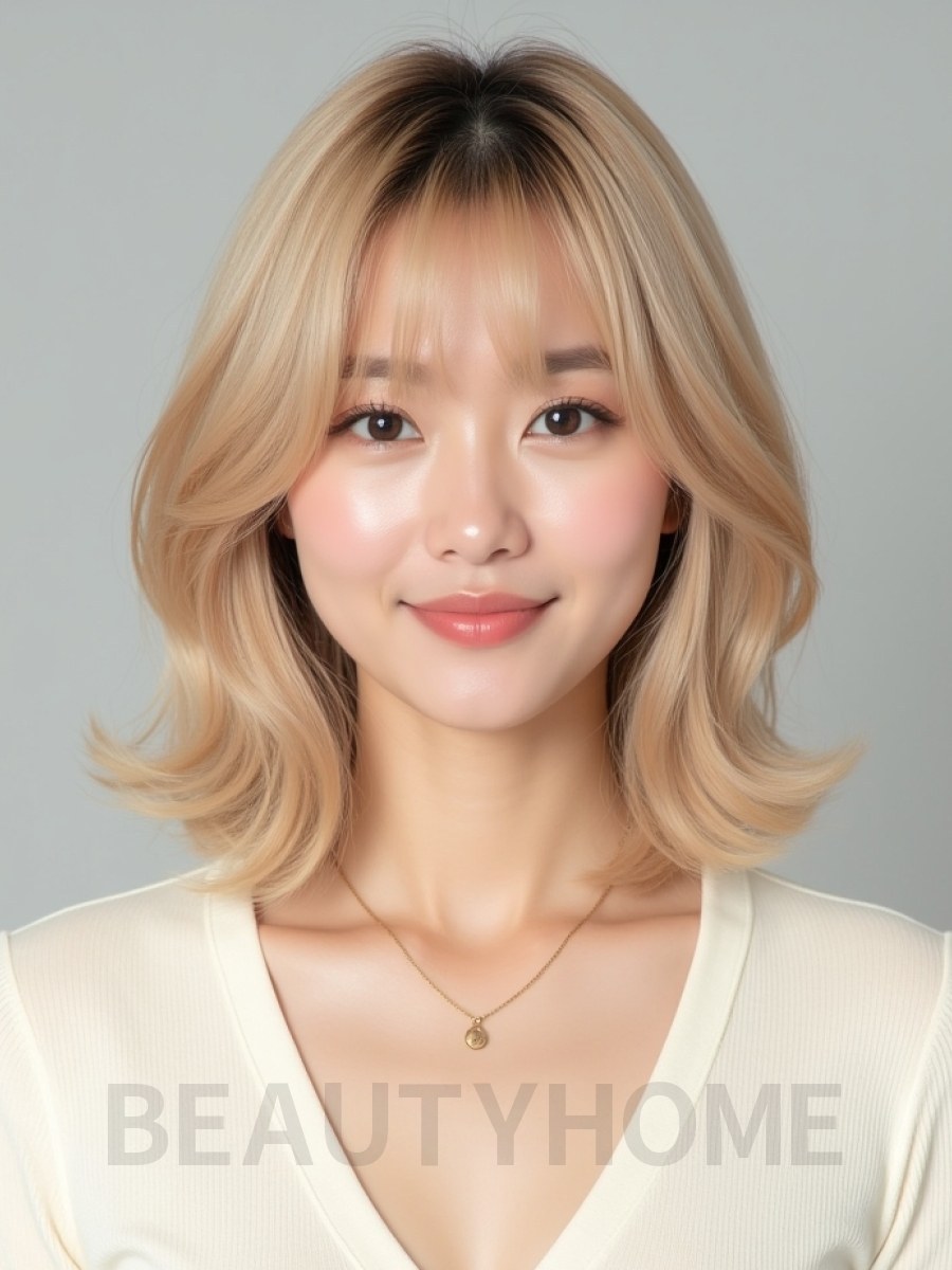 골든 블론드 턱밑 비대칭 단발+시스루뱅