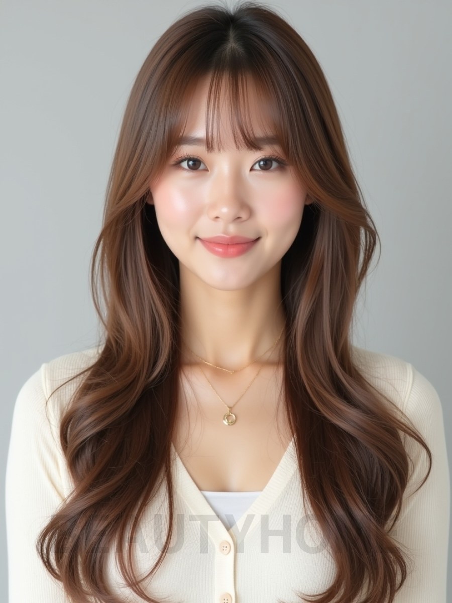 그레ige 브라운 긴 생머리+풀뱅