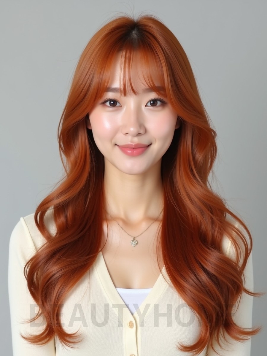 오렌지 코퍼 긴 웨이브+커튼뱅