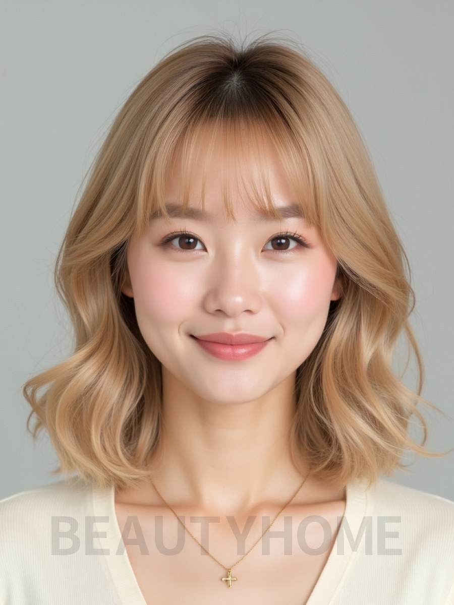 골든 블론드 쇄골 컬 단발+풀뱅