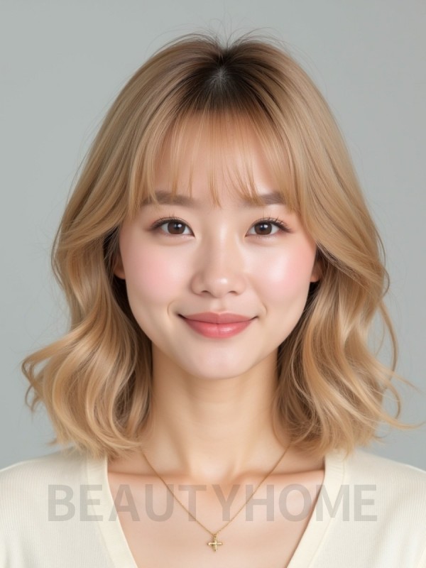골든 블론드 쇄골 컬 단발+풀뱅