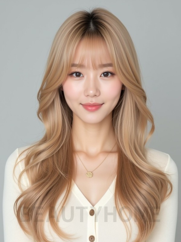 골든 블론드 긴 레이어+커튼뱅