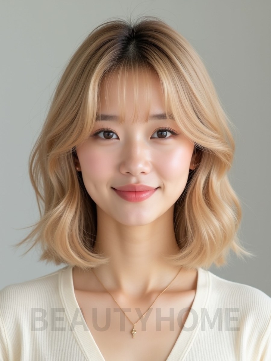 골든 블론드 어깨 텍스처 단발+시스루뱅