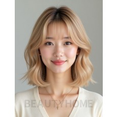 골든 블론드 어깨 텍스처 단발+시스루뱅