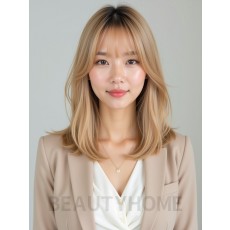 골든 블론드 어깨 생머리+풀뱅