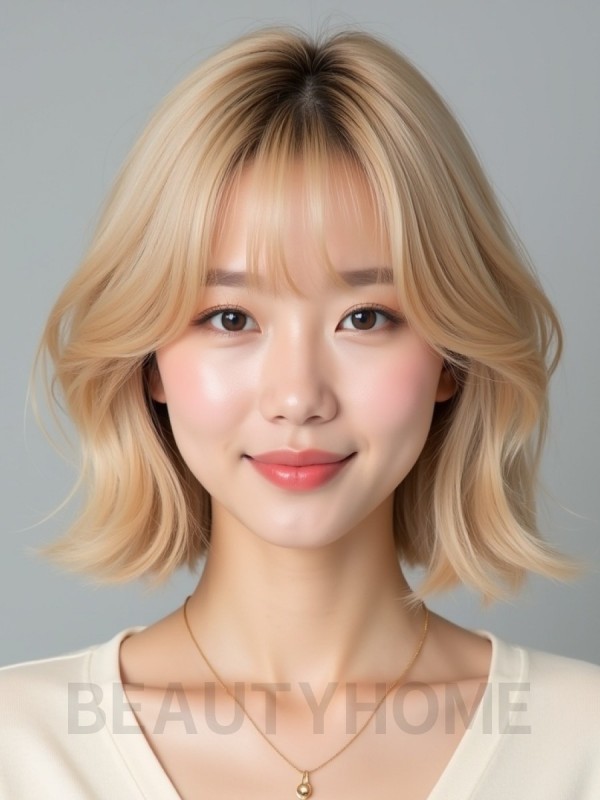 골든 블론드 턱밑 스택 단발+시스루뱅