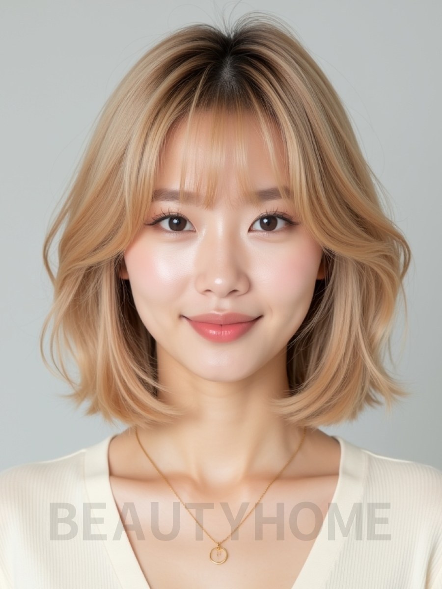 골든 블론드 어깨 스택 단발+시스루뱅