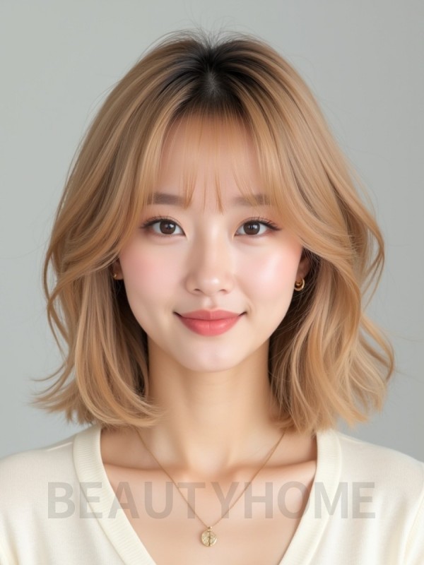 골든 블론드 어깨 스택 단발+커튼뱅