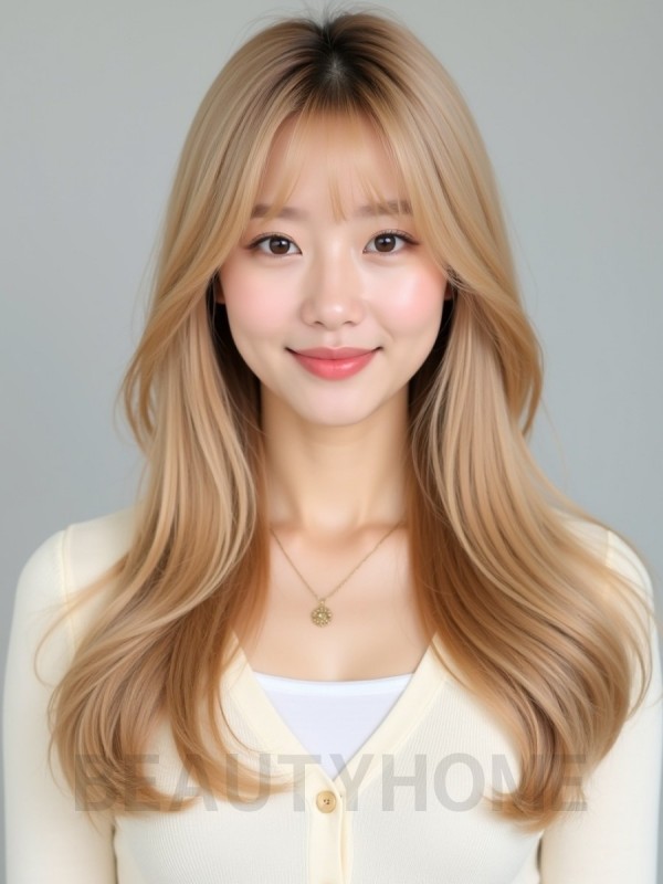 골든 블론드 긴 생머리+사이드뱅