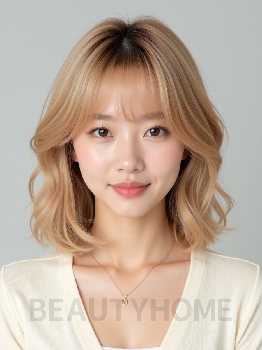골든 블론드 쇄골 스택 단발+커튼뱅