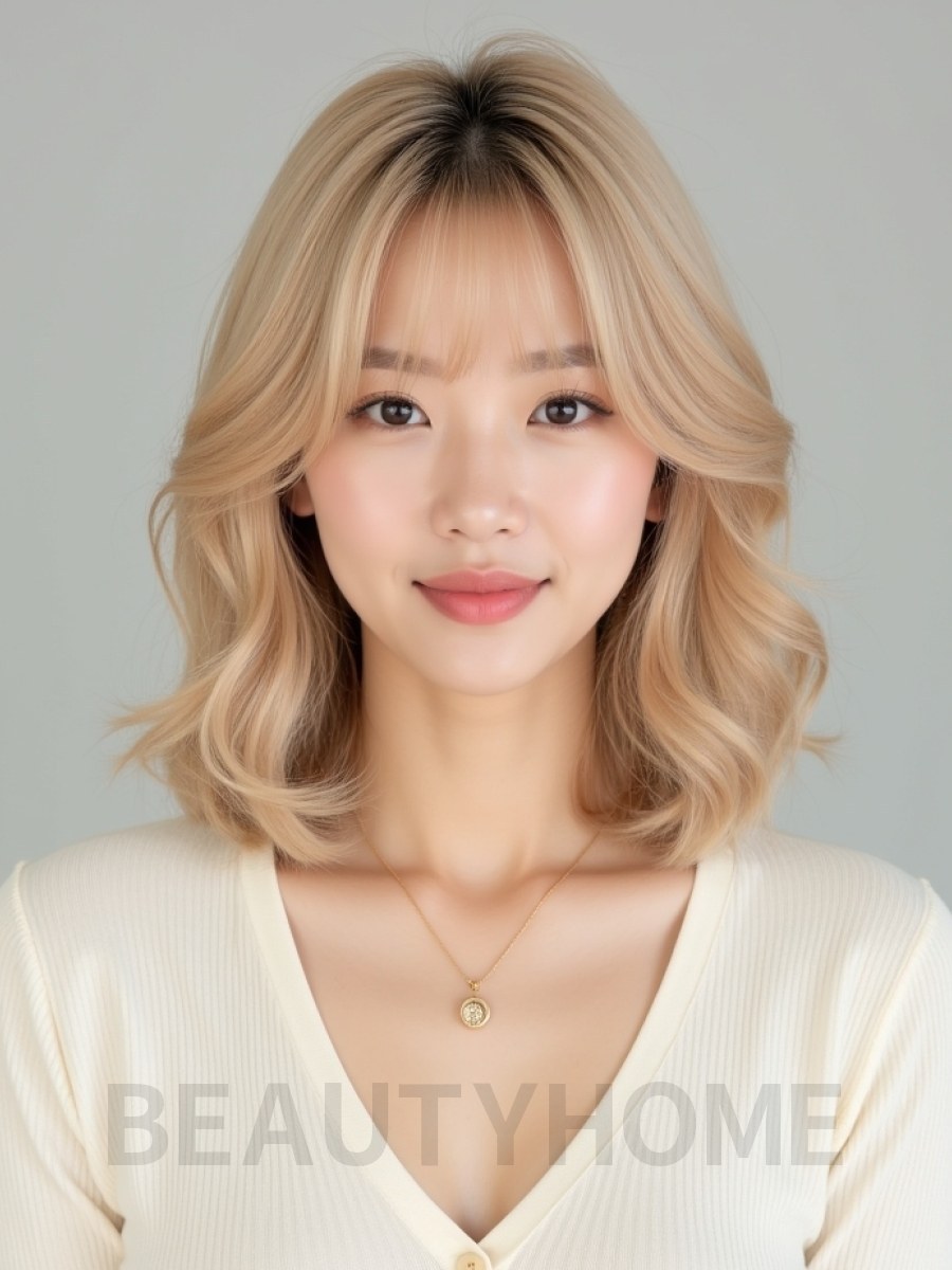 골든 블론드 턱밑 스택 단발+커튼뱅