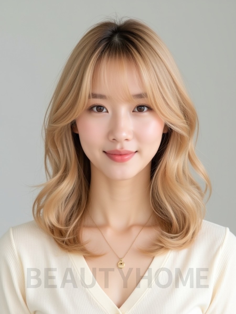 골든 블론드 어깨 레이어+사이드뱅