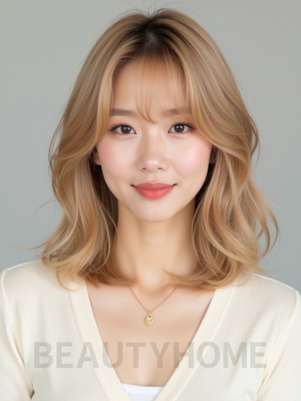 골든 블론드 쇄골 비대칭 단발+커튼뱅