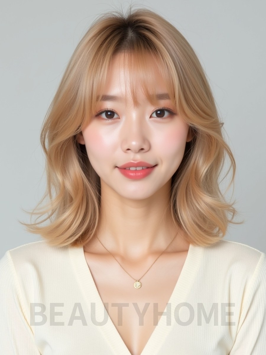 골든 블론드 어깨 그라데이션 단발+시스루뱅