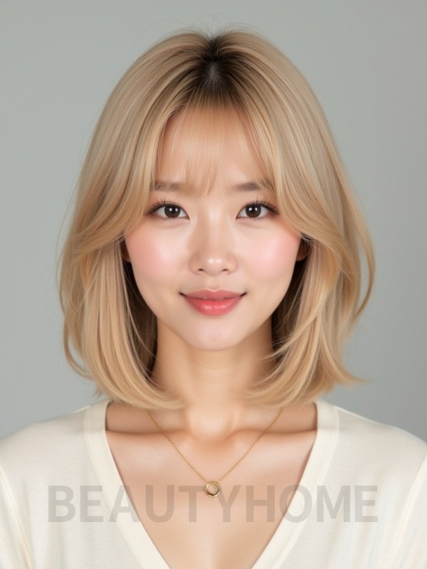 골든 블론드 턱밑 인버티드 단발+커튼뱅