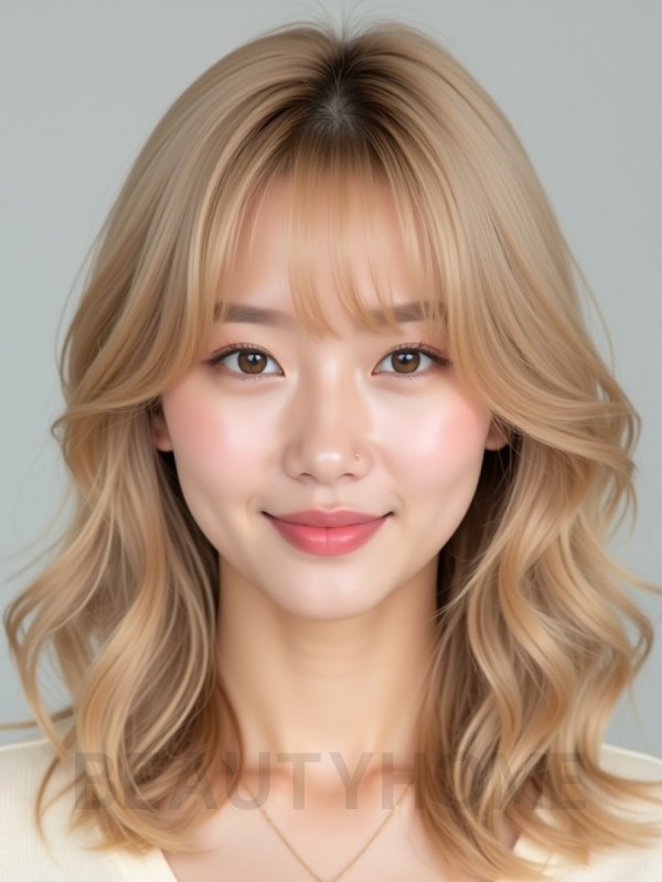 골든 블론드 어깨 웨이브+커튼뱅