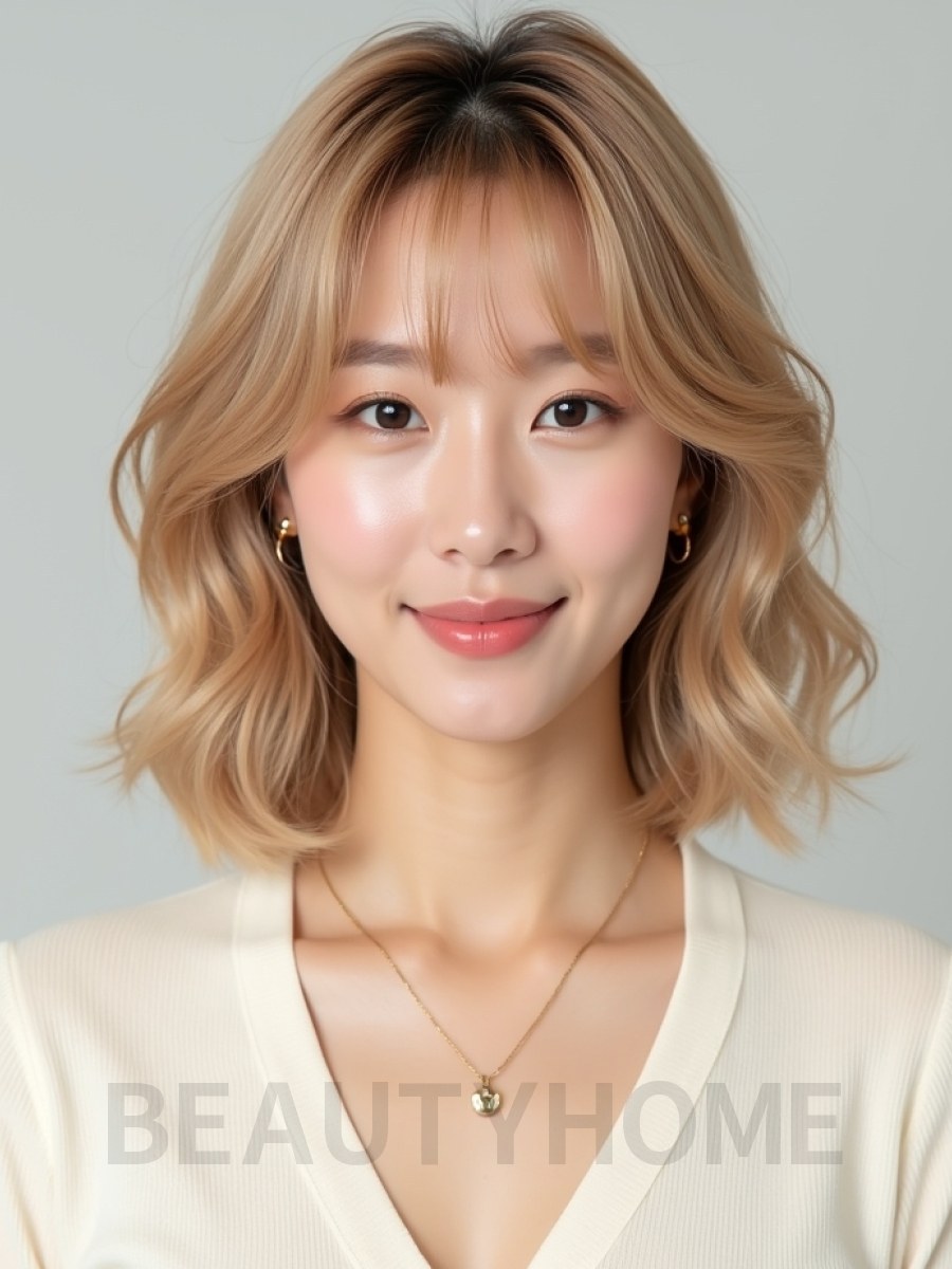 골든 블론드 어깨 컬 단발+커튼뱅