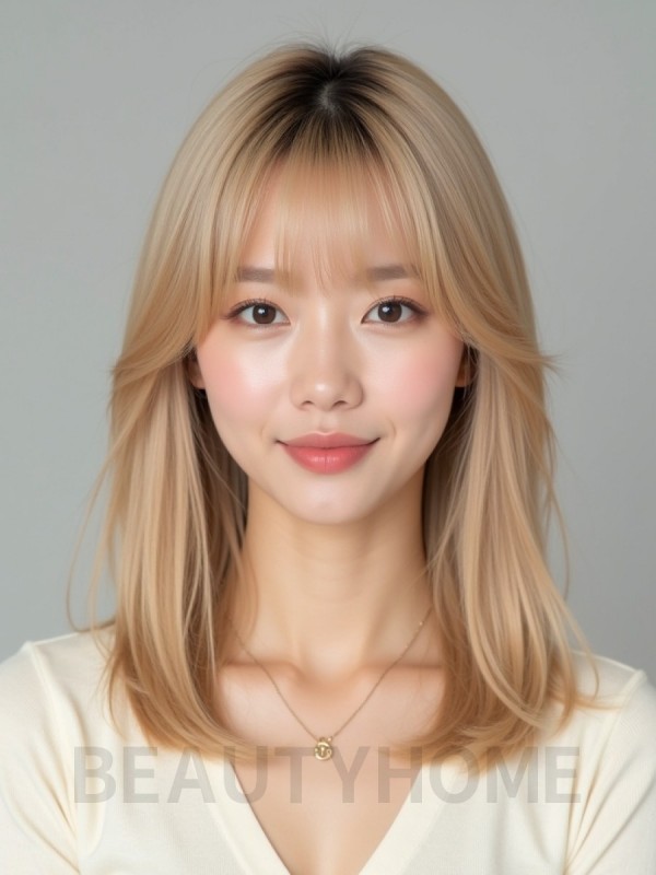 골든 블론드 쇄골 생머리+풀뱅