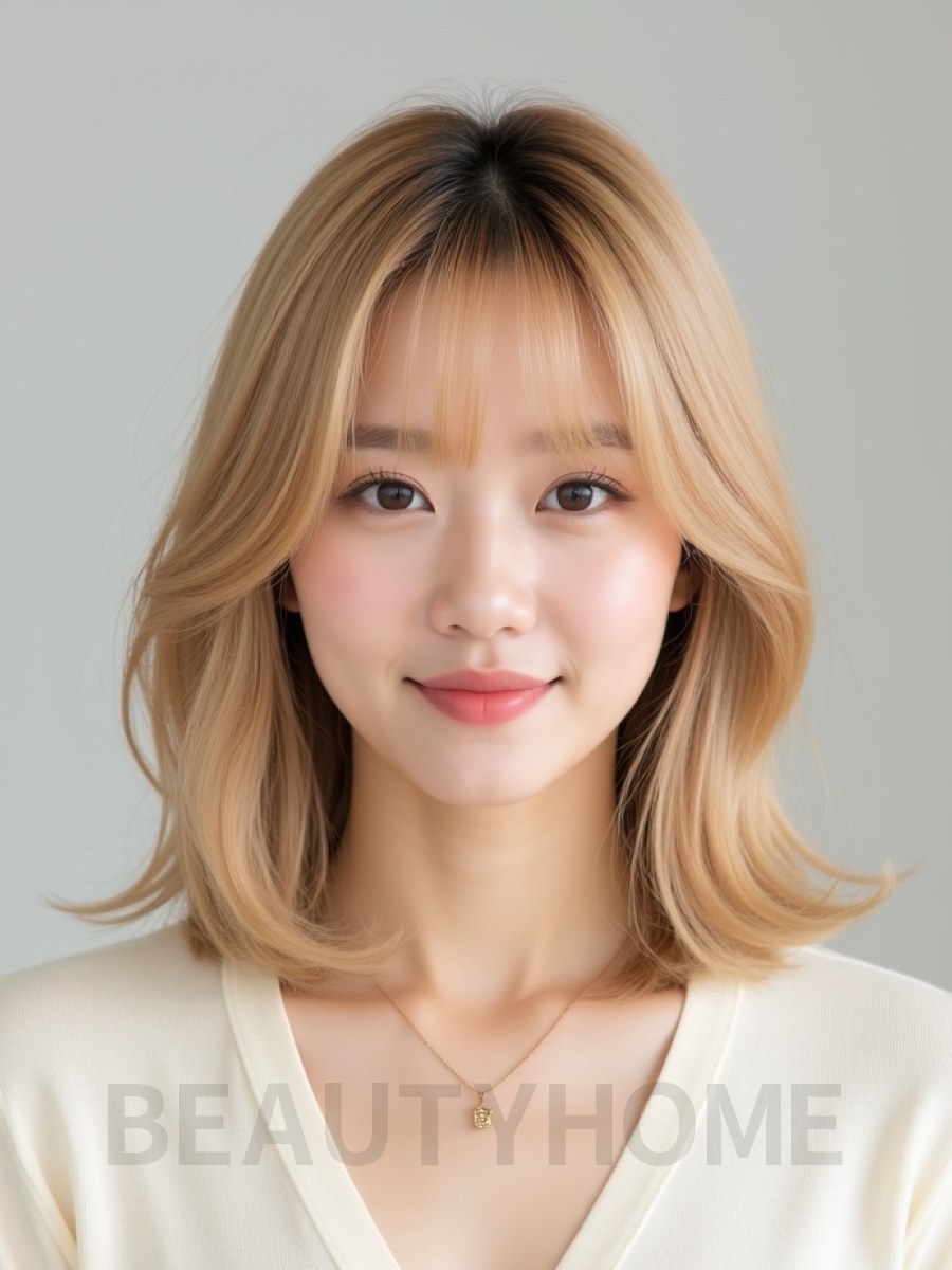 골든 블론드 어깨 그라데이션 단발+커튼뱅