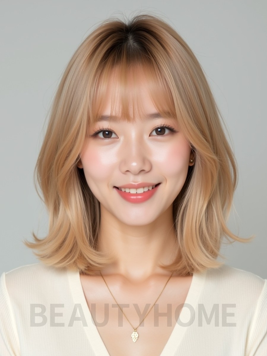 골든 블론드 턱밑 레이어드 단발+뱅