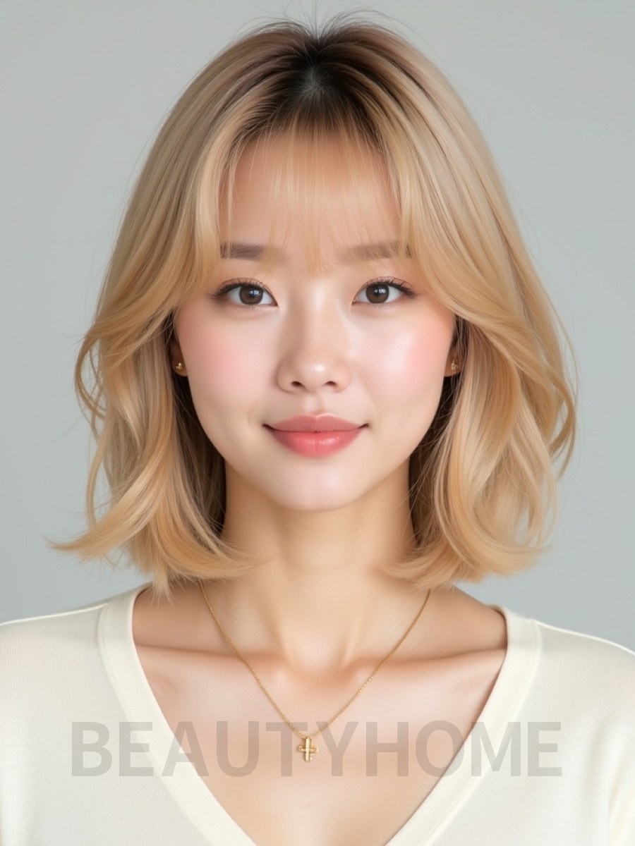 골든 블론드 쇄골 그라데이션 단발+시스루뱅