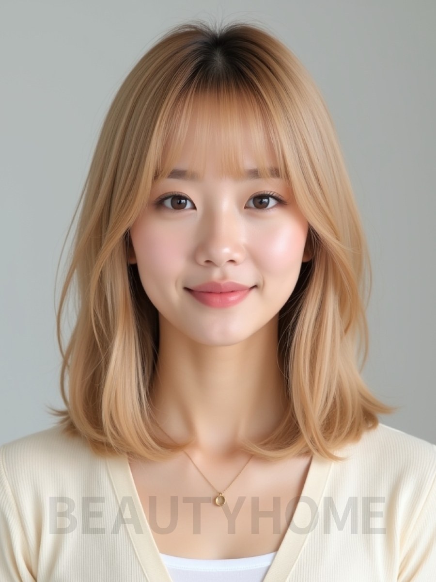 골든 블론드 어깨 생머리+시스루뱅