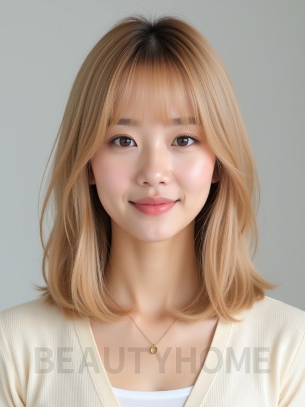 골든 블론드 어깨 생머리+시스루뱅