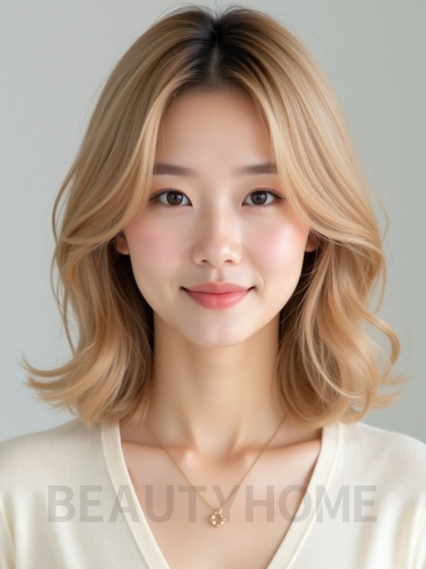 골든 블론드 어깨 레이어드 단발+사이드뱅