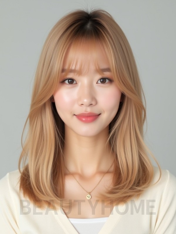 골든 블론드 어깨 생머리+커튼뱅