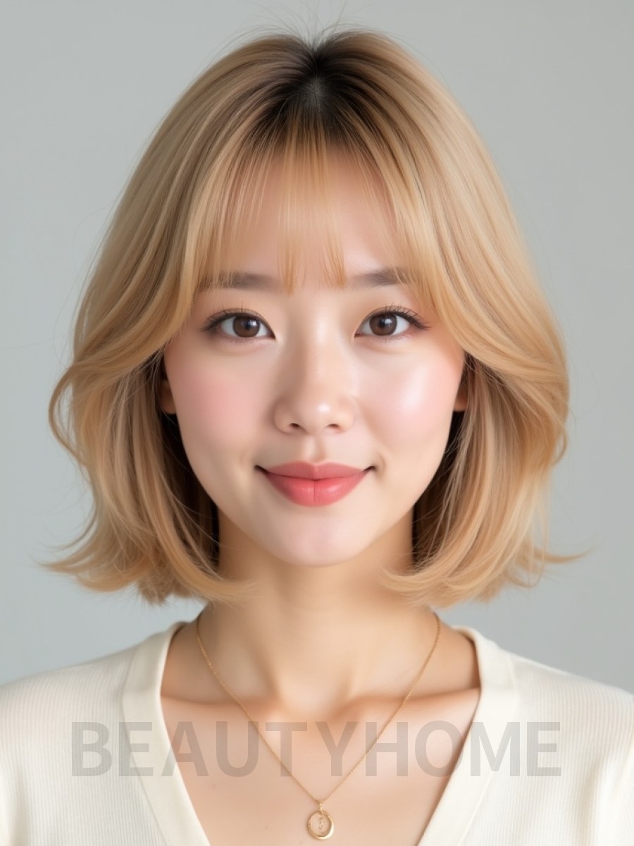 골든 블론드 어깨 블런트 단발+사이드뱅