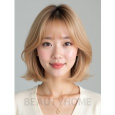 골든 블론드 어깨 블런트 단발+사이드뱅